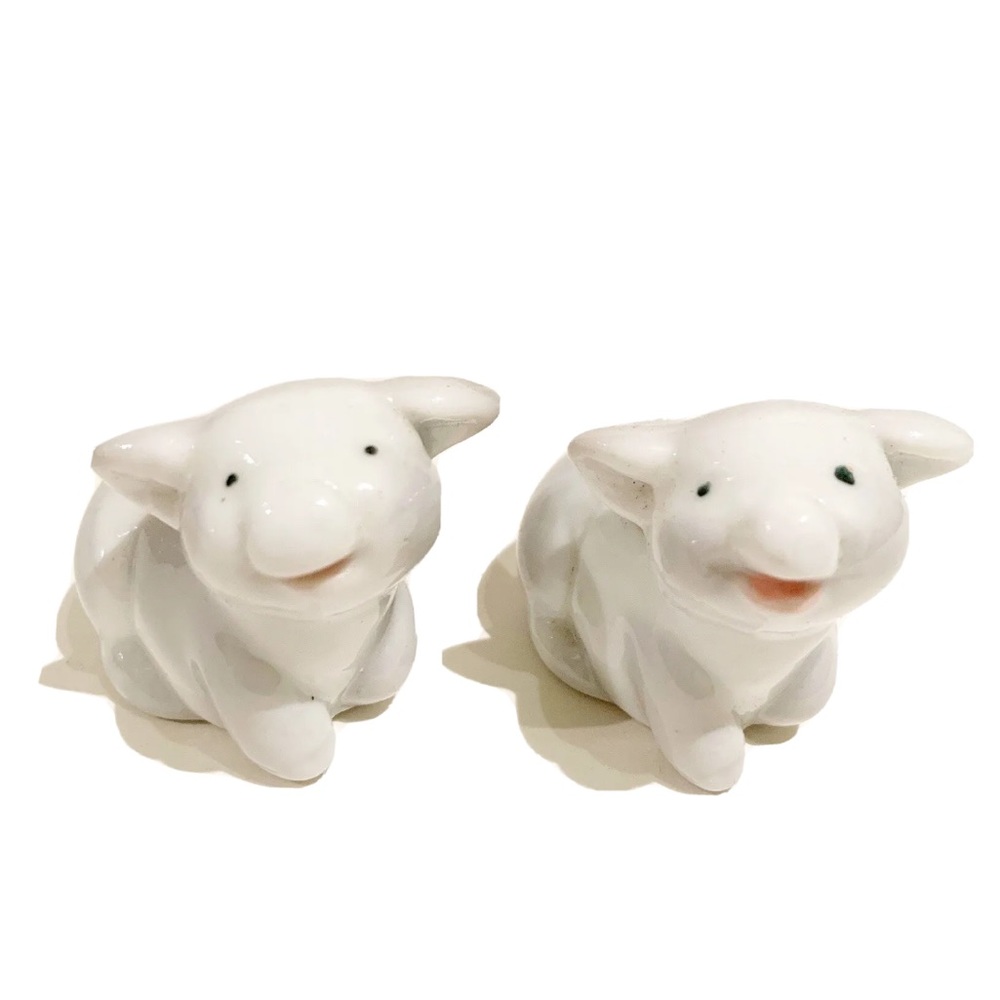 Cute Small Mini Ceramic Baby Cow Claves Figurines Set of 2 White Farm Animal Fun